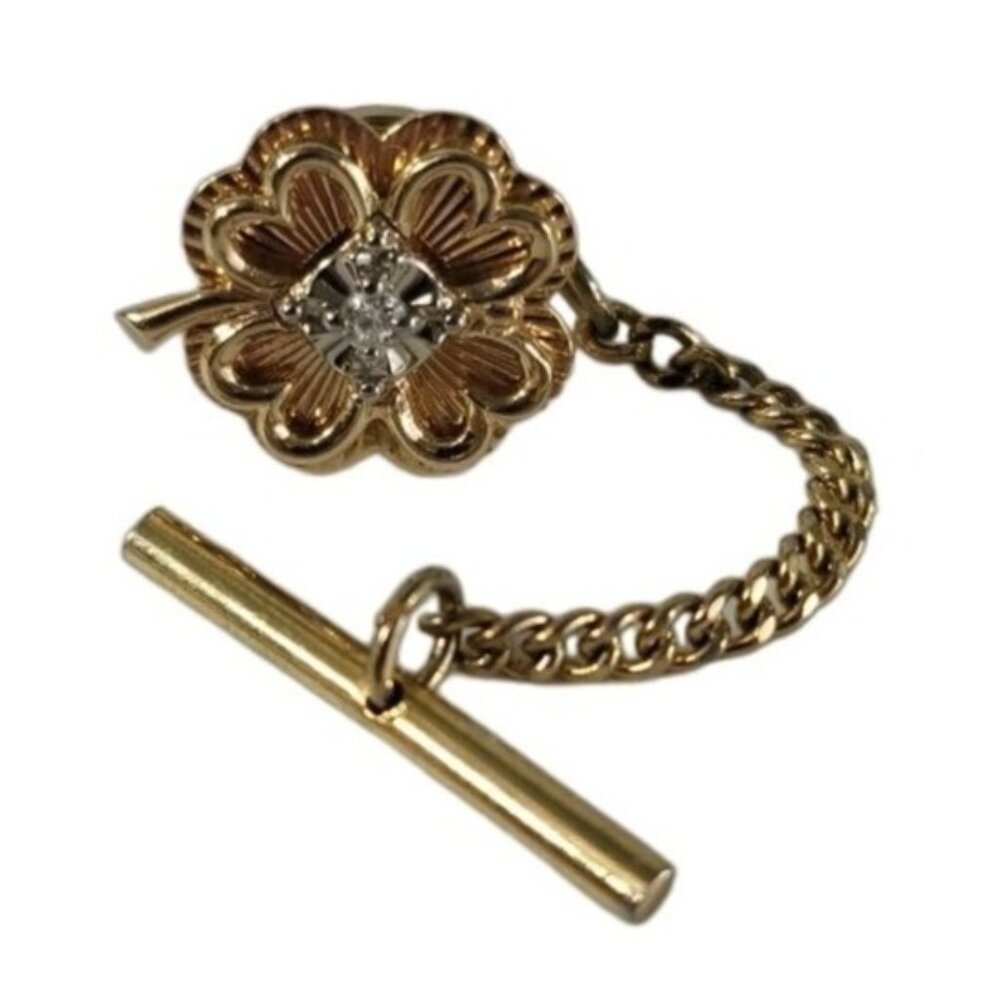 VTG 14kt Solid Yellow Gold Genuine Diamond 4 Leaf Clover Pin Tie Tack 5.48g 10mm